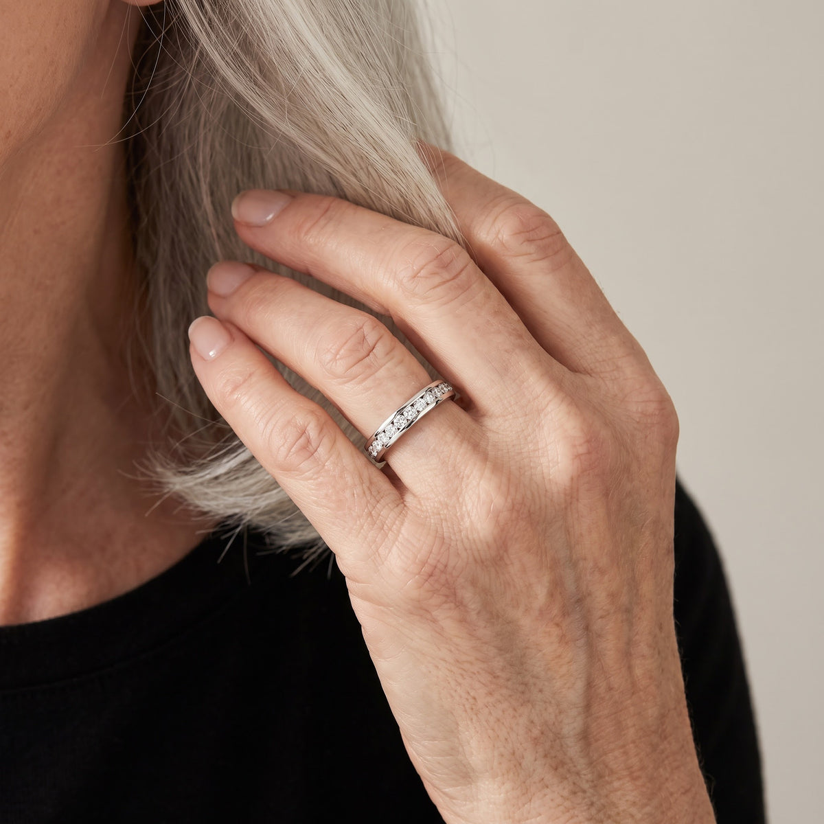White Gold Channel Set Diamond Band, worn