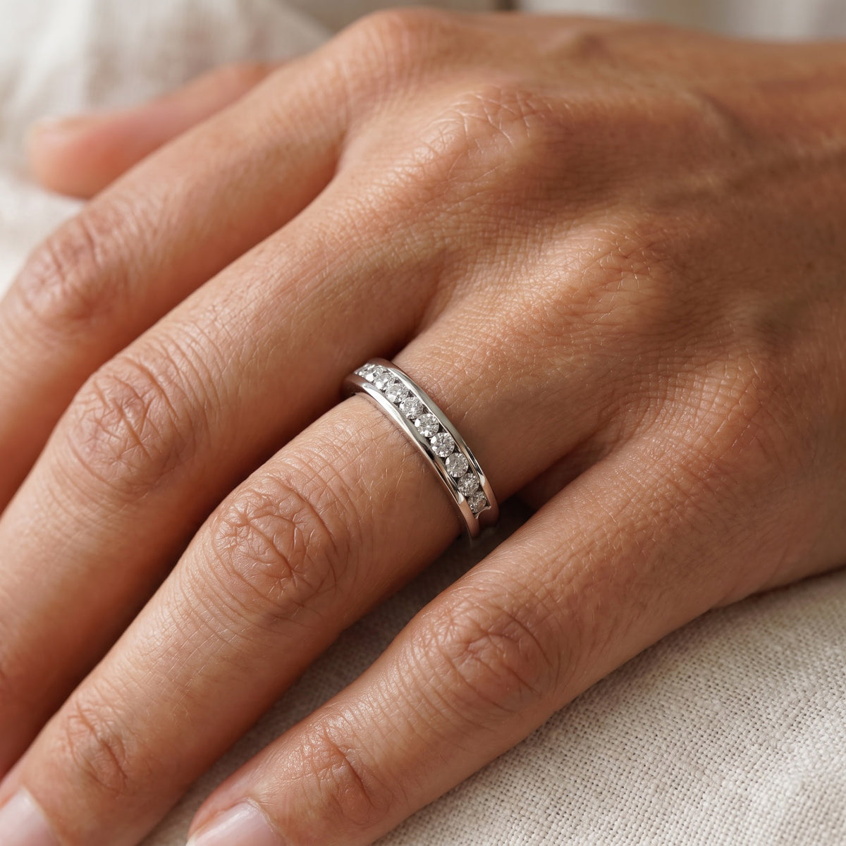 White Gold Channel Set Diamond Band, worn