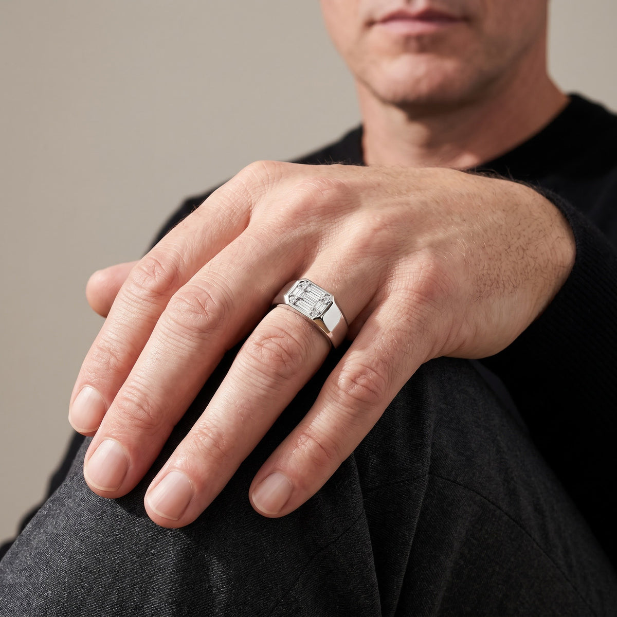 White Gold Composite Diamond Signet Ring, worn, second view