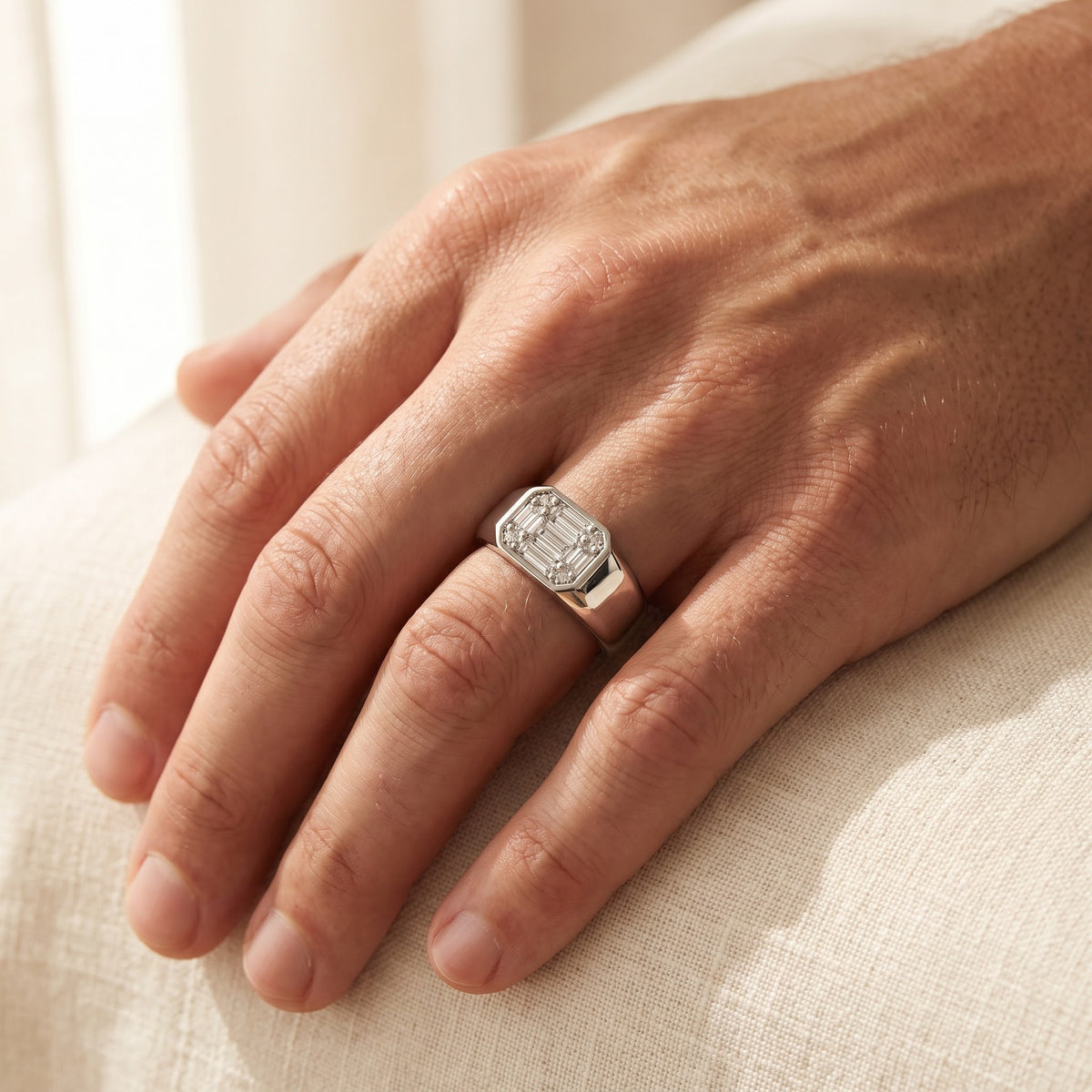 White Gold Composite Diamond Signet Ring, worn