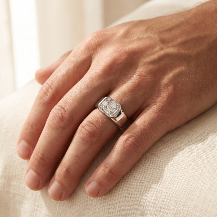 White Gold Composite Diamond Signet Ring, worn
