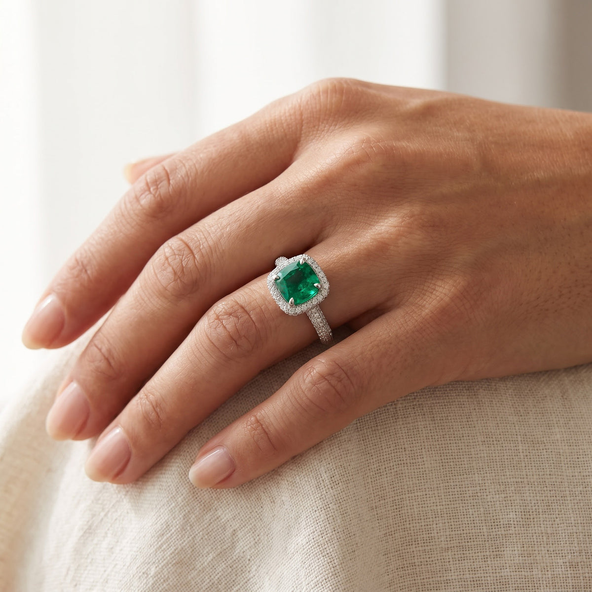 White Gold Cushion Emerald and Diamond Pavé Cocktail Ring, worn