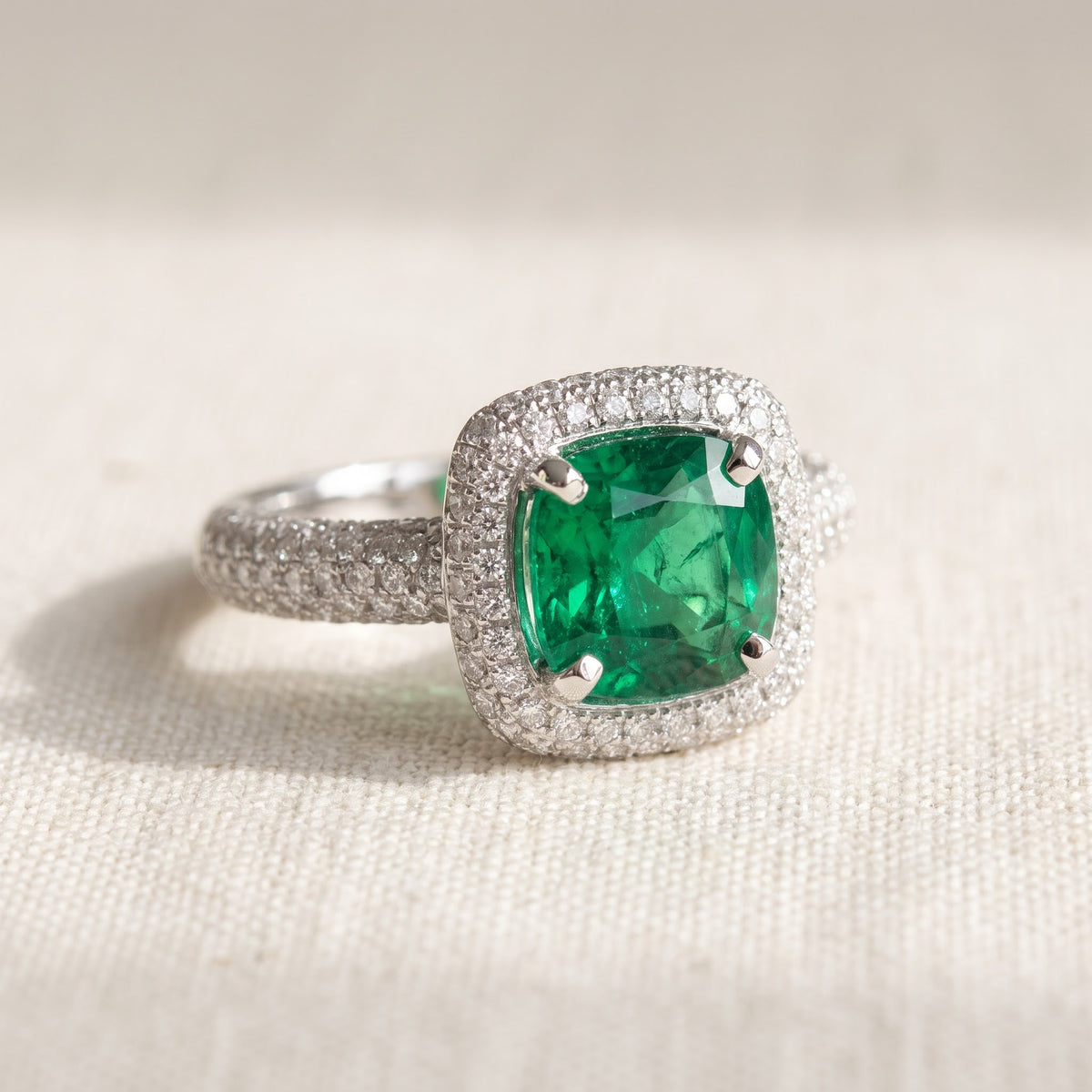 White Gold Cushion Emerald and Diamond Pavé Cocktail Ring