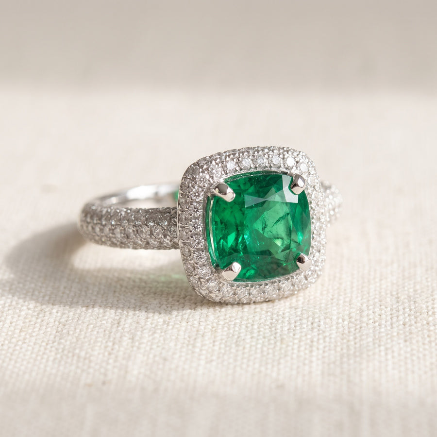 White Gold Cushion Emerald and Diamond Pavé Cocktail Ring