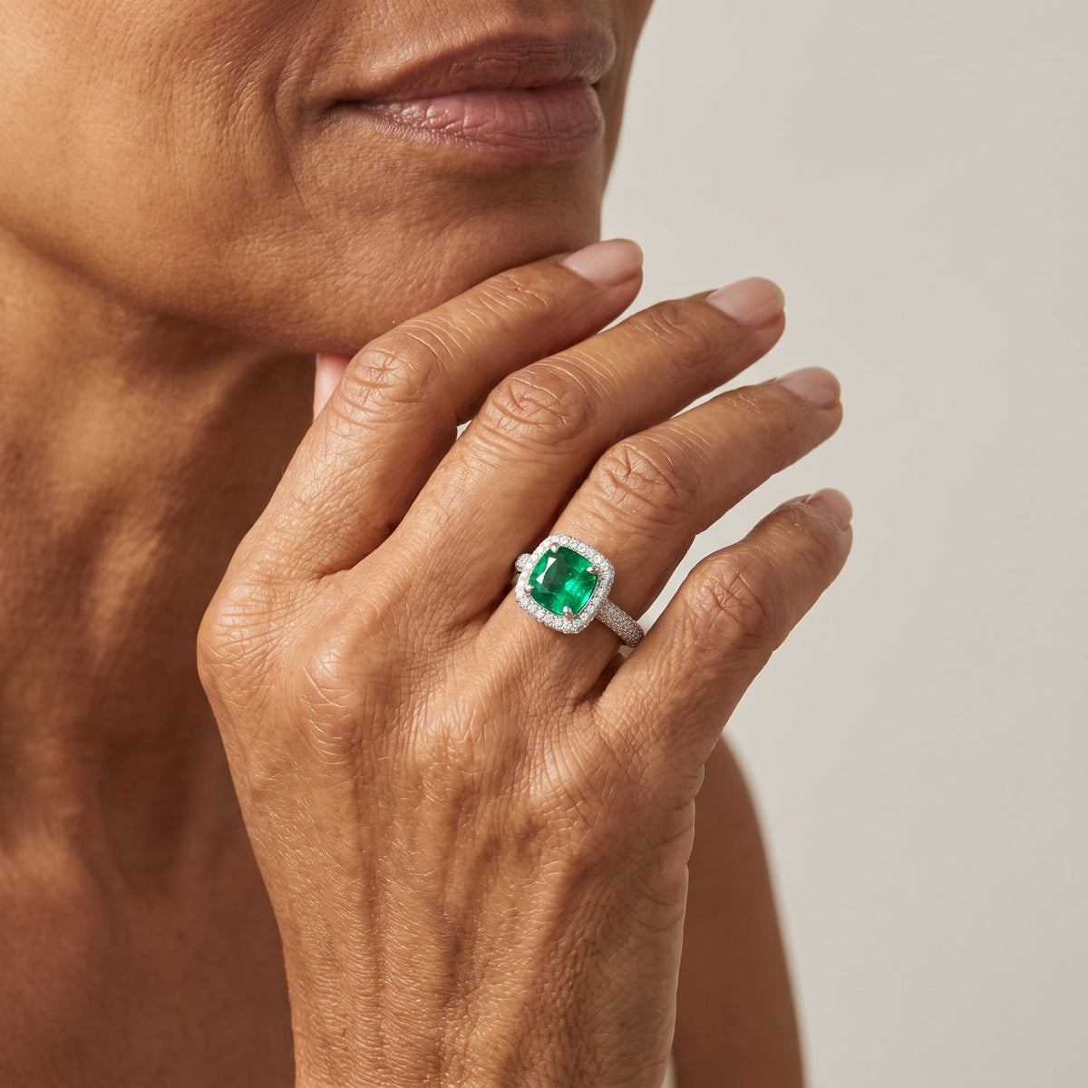 White Gold Cushion Emerald and Diamond Pavé Cocktail Ring, worn