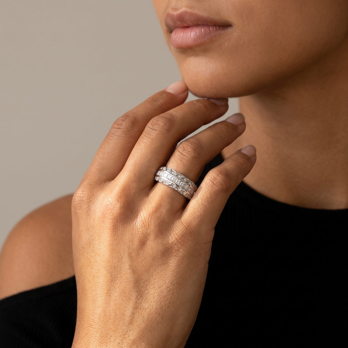 White Gold Diamond Band Ring with Vintage-Inspired Detailing, worn, second view