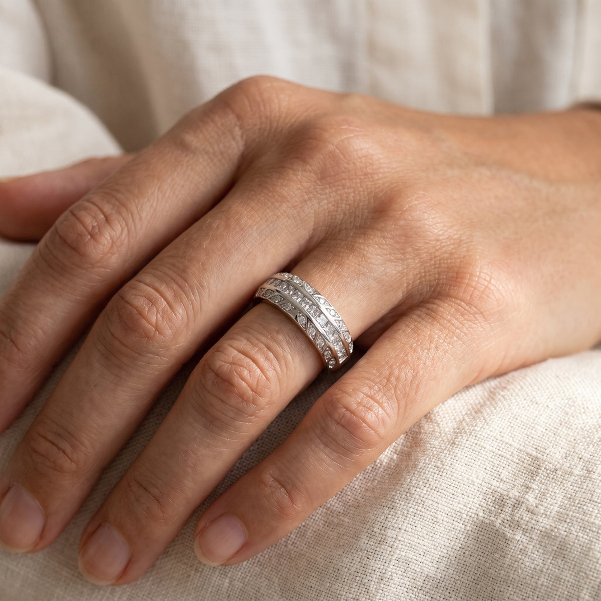 White Gold Diamond Band Ring with Vintage-Inspired Detailing, worn