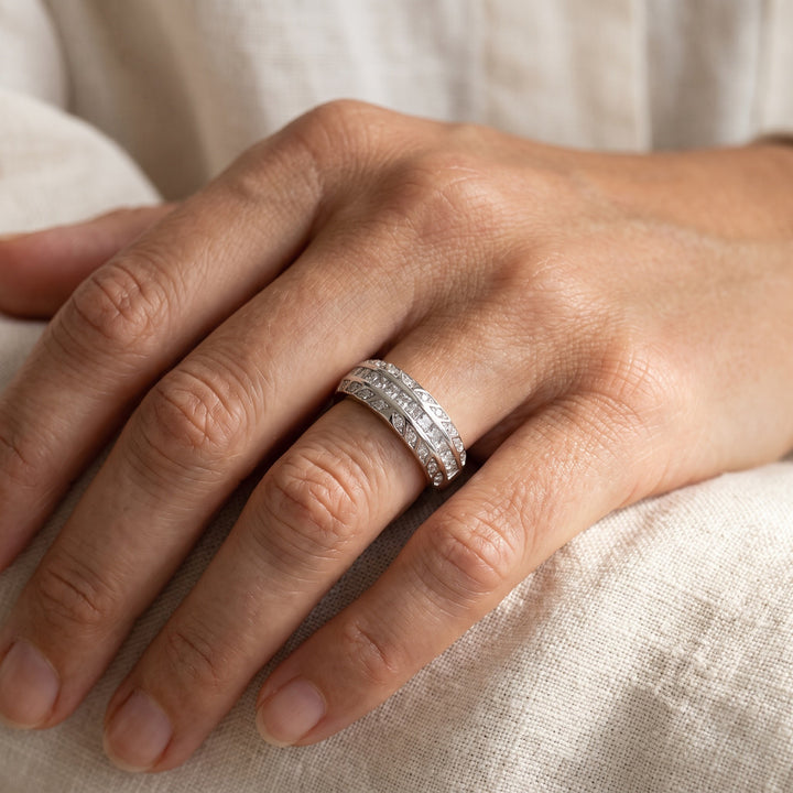 White Gold Diamond Band Ring with Vintage-Inspired Detailing, worn