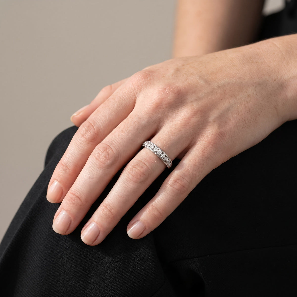 White Gold Diamond Band with Milgrain Edges, worn