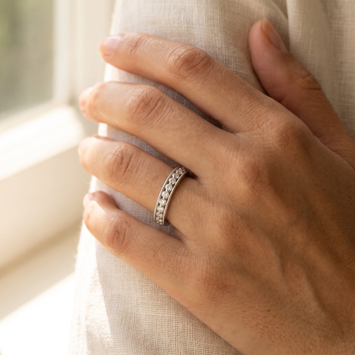 White Gold Diamond Band with Milgrain Edges, worn