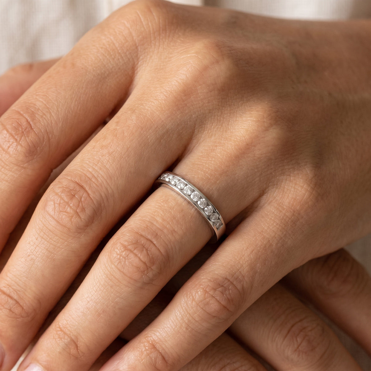 White Gold Diamond Channel Set Band, worn