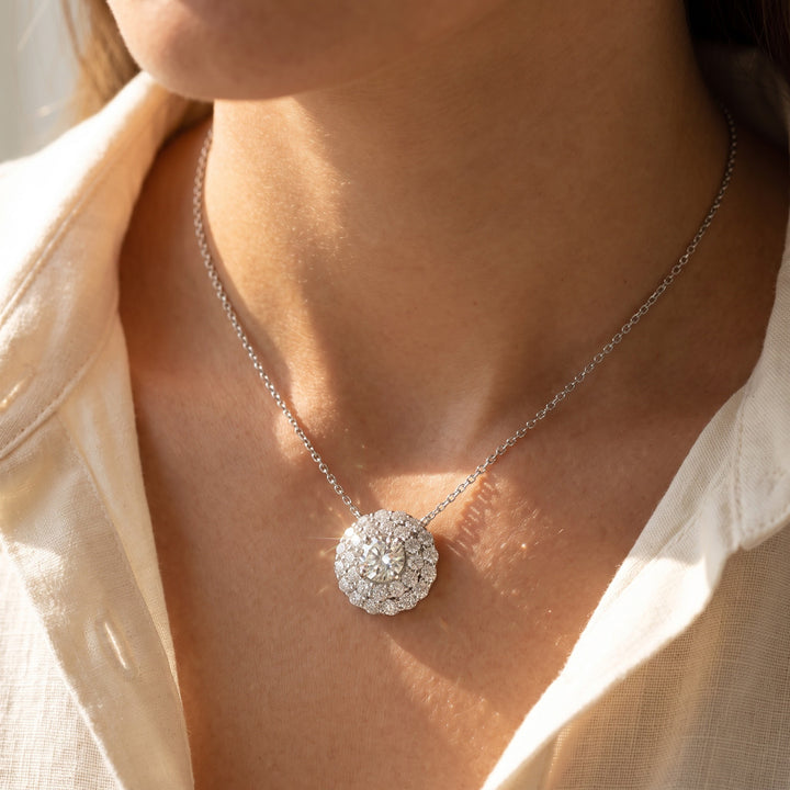 0.53 ct Diamond Double Halo Pendant Necklace in 18K White Gold, worn