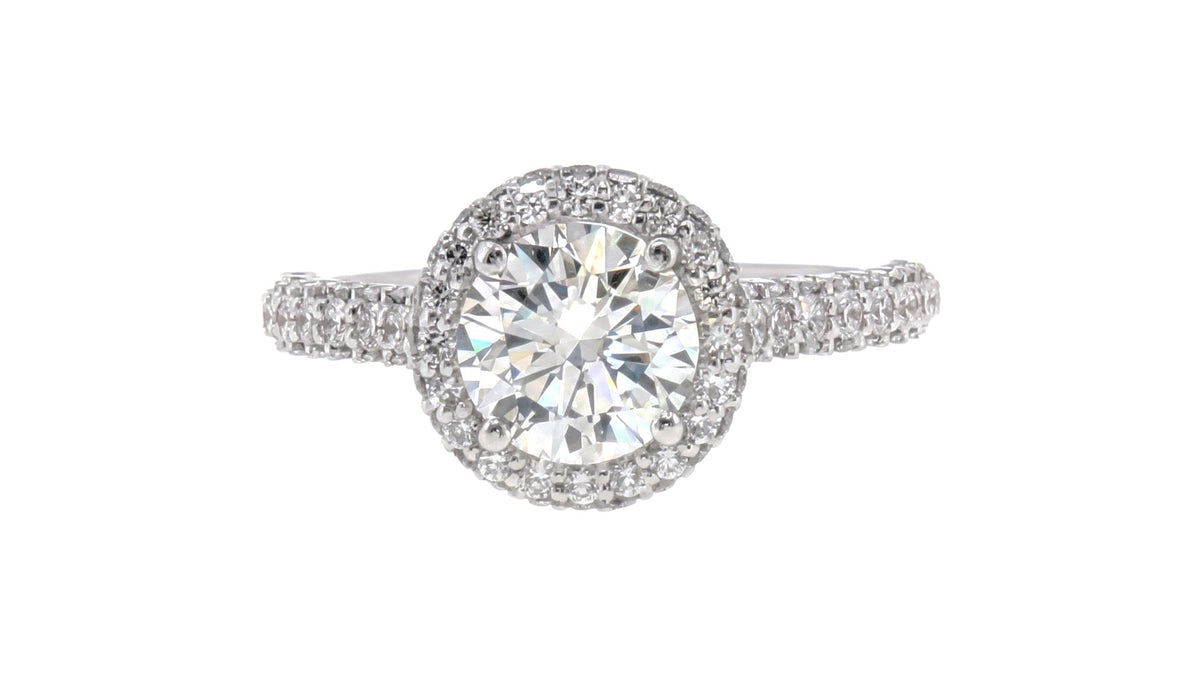 1.10 ct Round Diamond Halo Engagement Ring in 14K White Gold