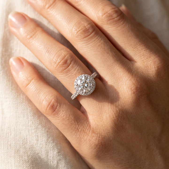1.10 ct Round Diamond Halo Engagement Ring in 14K White Gold, worn