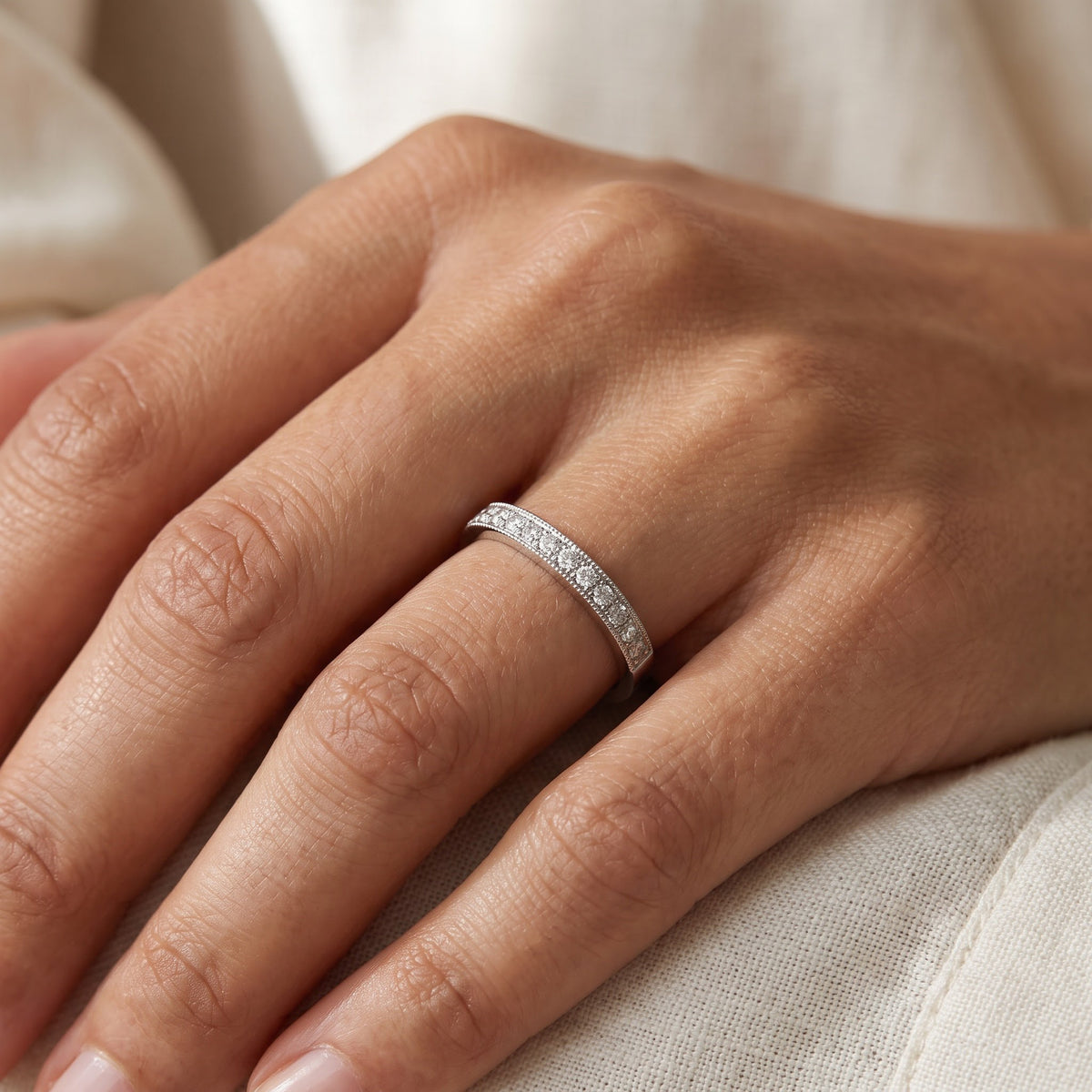 White Gold Diamond Milgrain Band, worn
