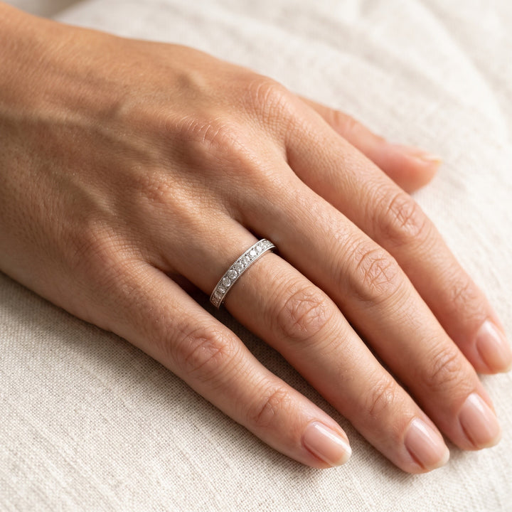 White Gold Diamond Milgrain Pave Band, worn