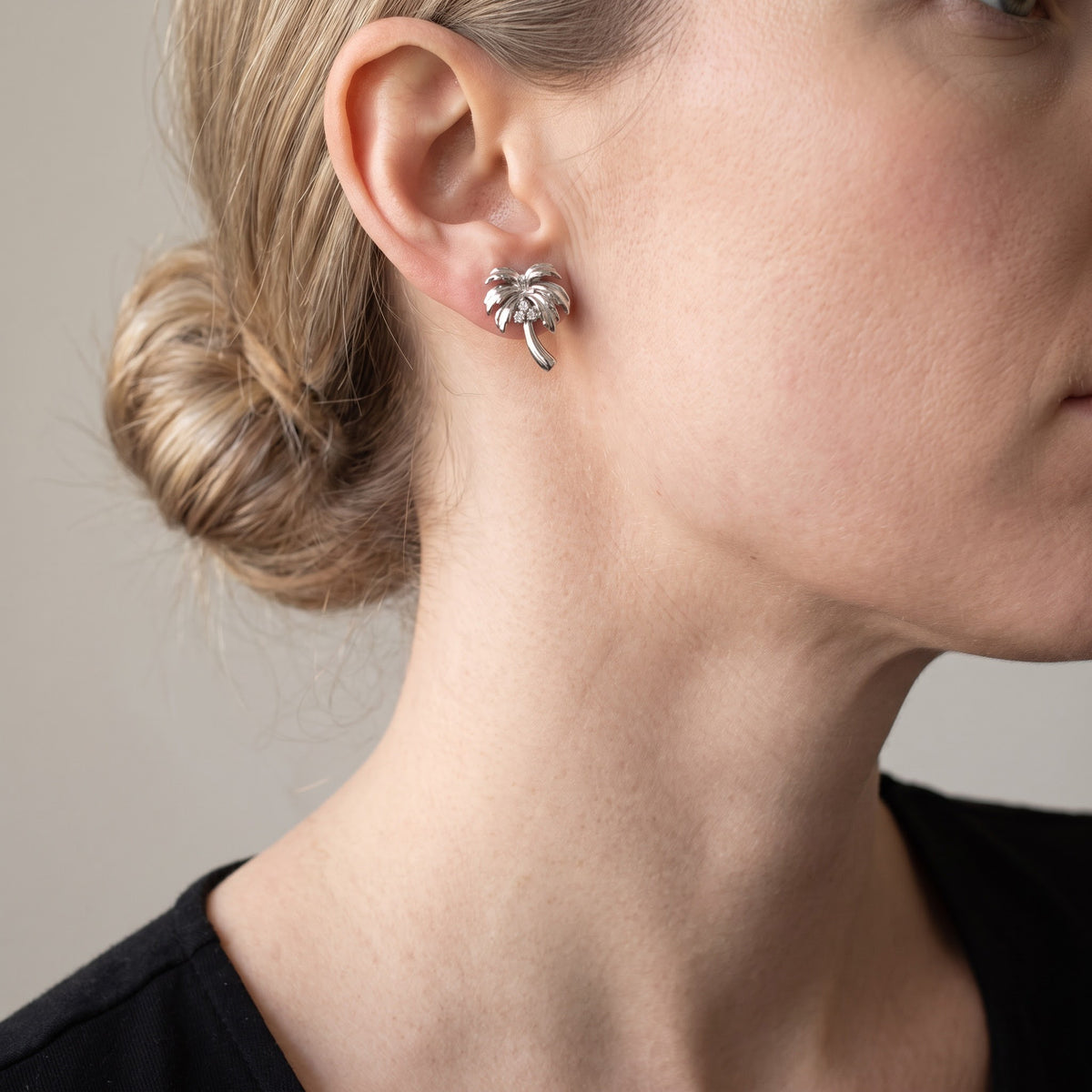 White Gold Diamond Palm Tree Stud Earrings, worn, second view