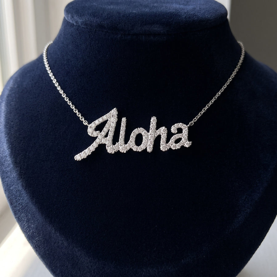 White Gold Diamond Pave Aloha Script Necklace