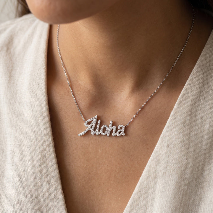 0.50 ct Diamond Pavé Aloha Script Necklace in 14K White Gold, worn