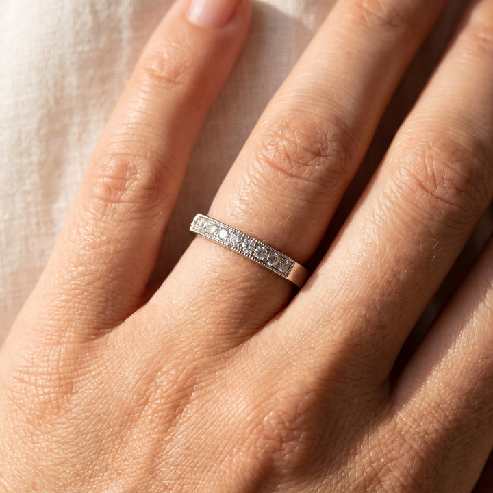 White Gold Diamond Pavé Band with Milgrain Detailing, worn