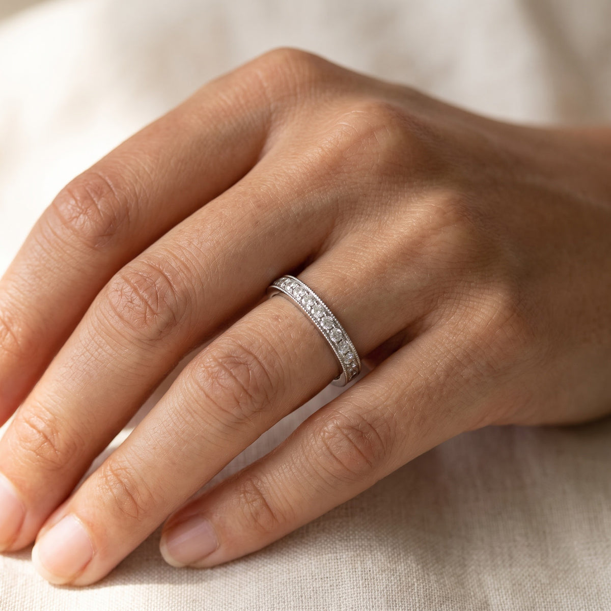 White Gold Diamond Pave Set Band with Milgrain Edges, worn