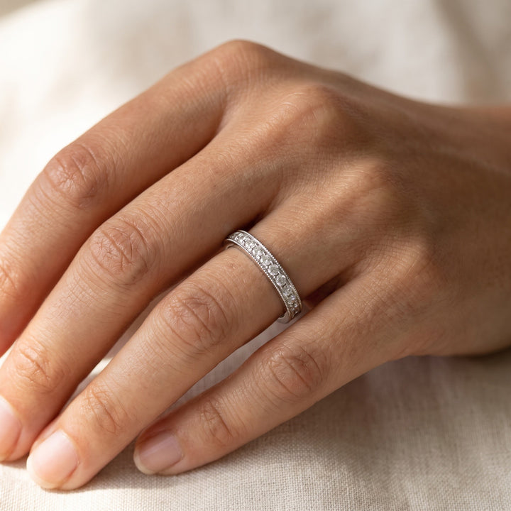 White Gold Diamond Pave Set Band with Milgrain Edges, worn