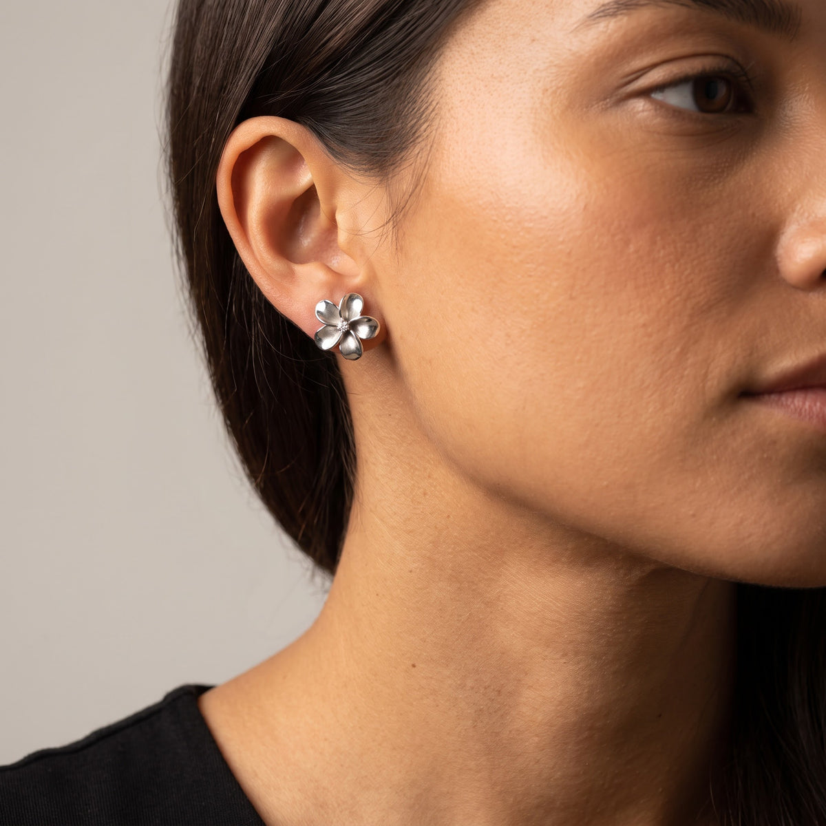 White Gold Diamond Plumeria Stud Earrings, worn, second view