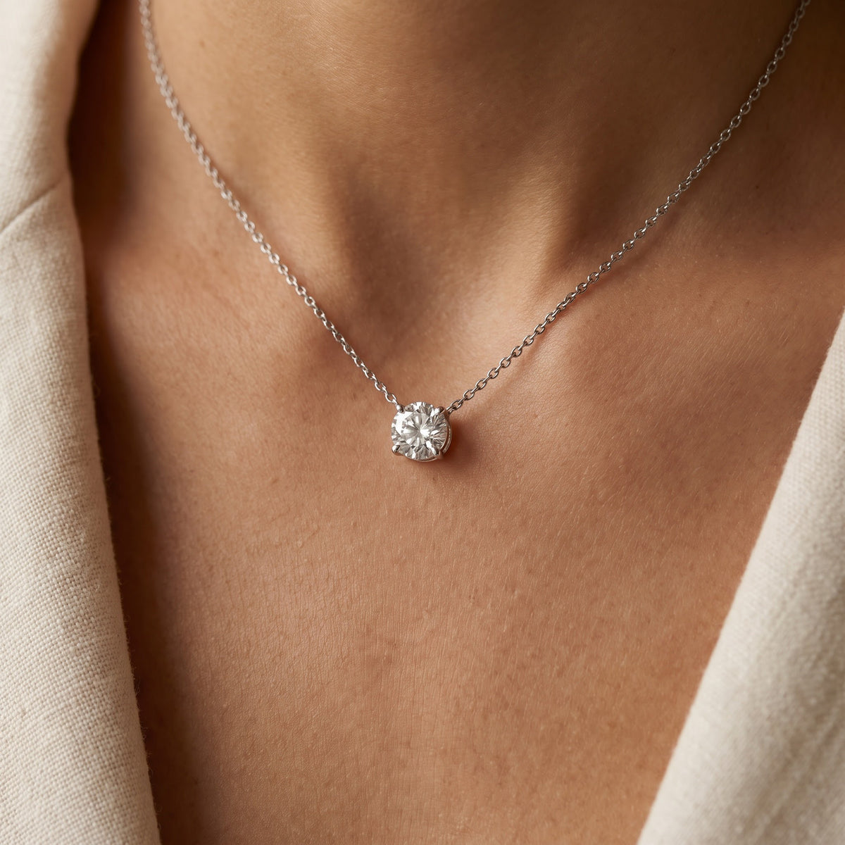 White Gold Diamond Solitaire Pendant Necklace, worn