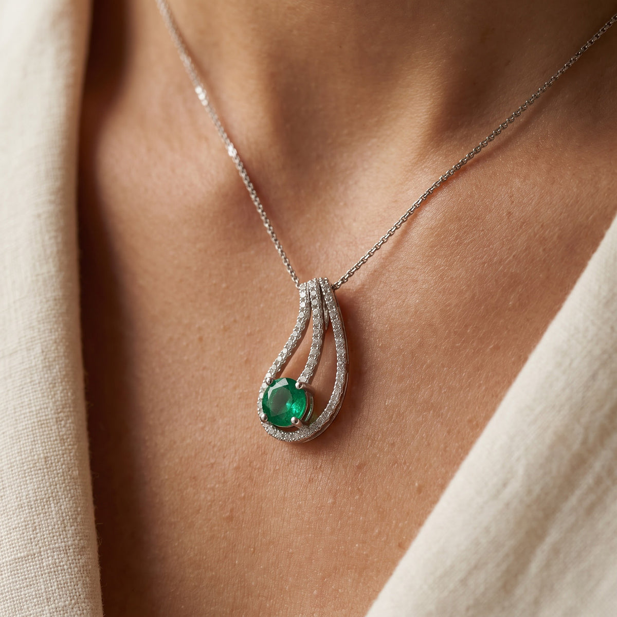 White Gold Emerald Teardrop Pendant Necklace, worn