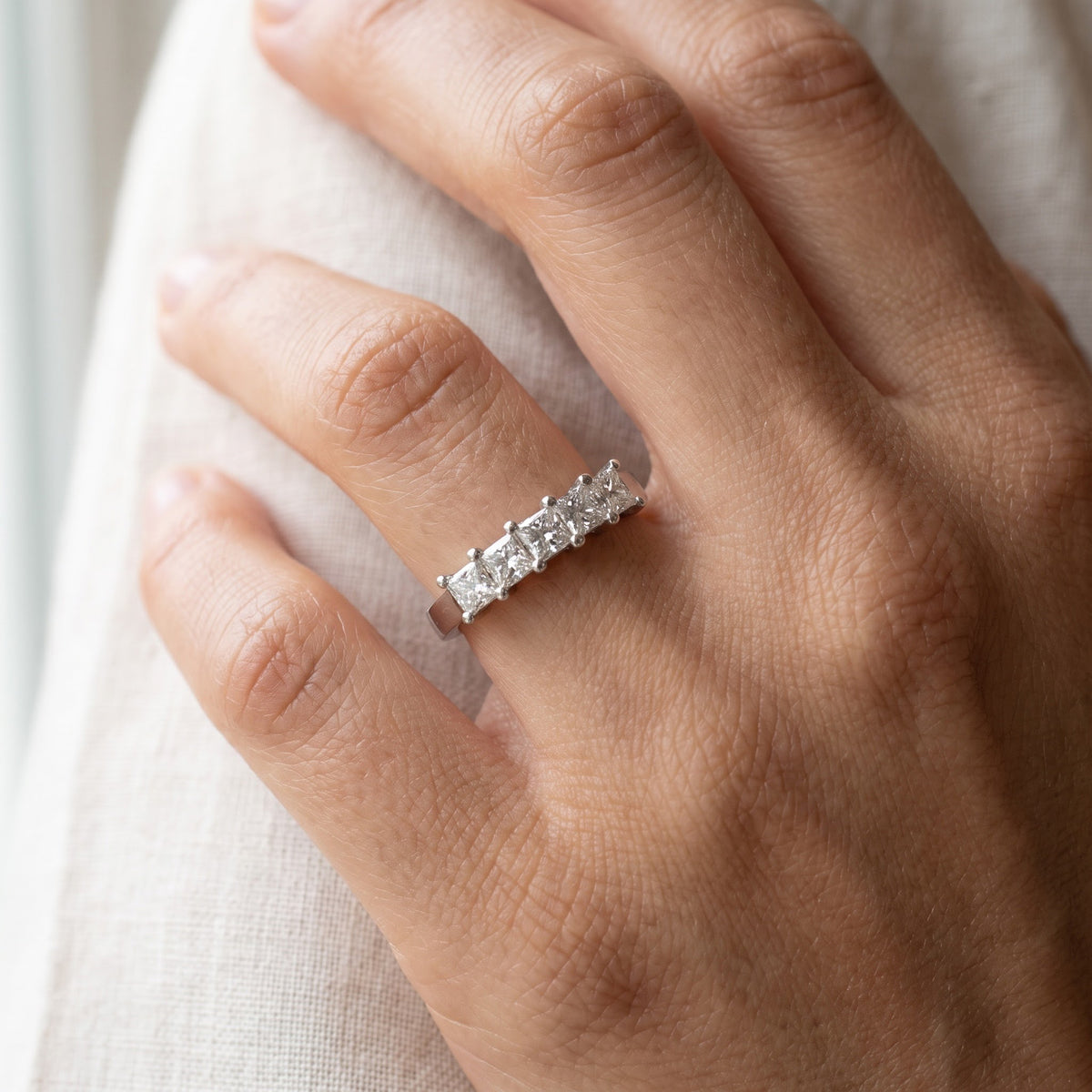 White Gold Five-Stone Princess Cut Diamond Ring, worn