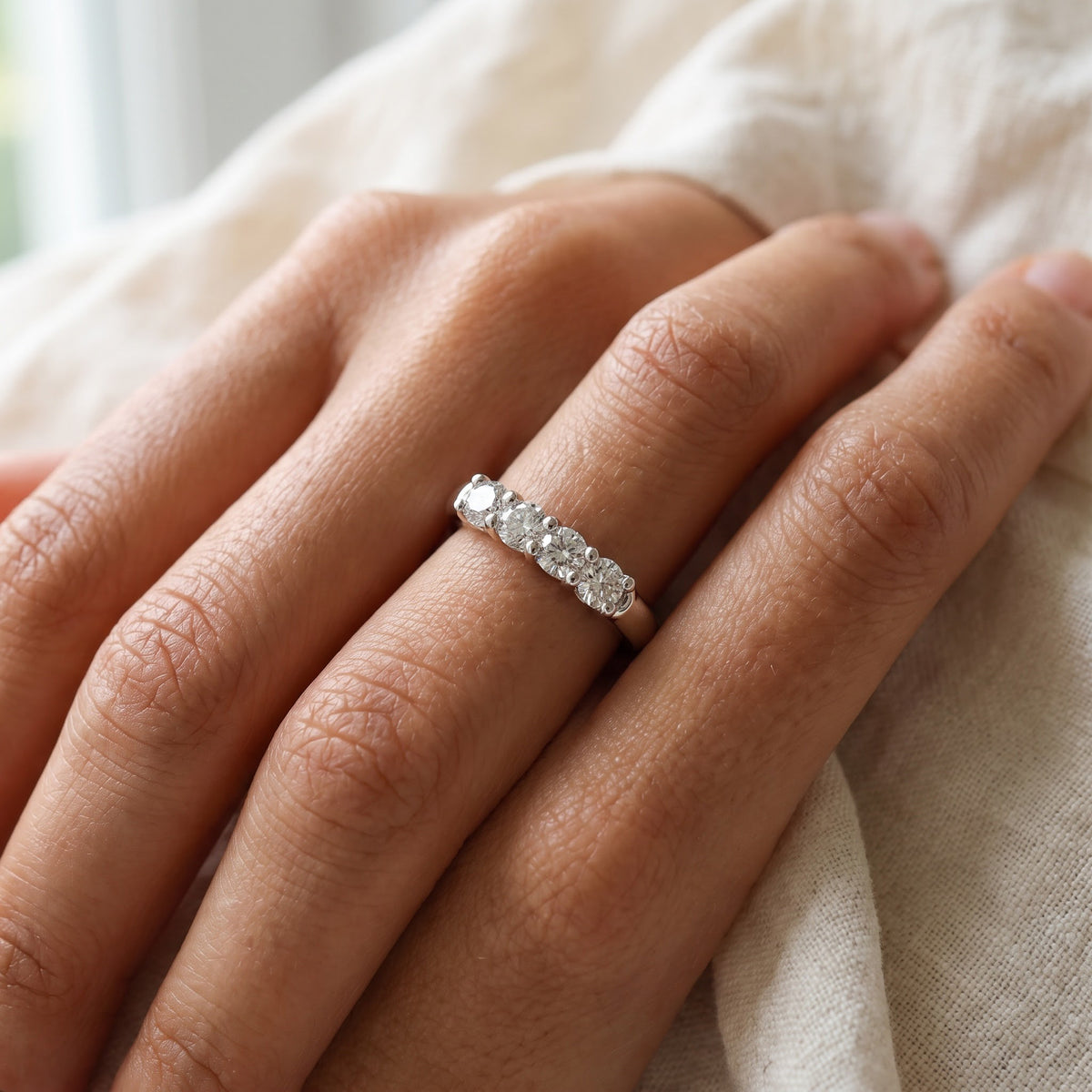 White Gold Four-Stone Round Diamond Band, worn