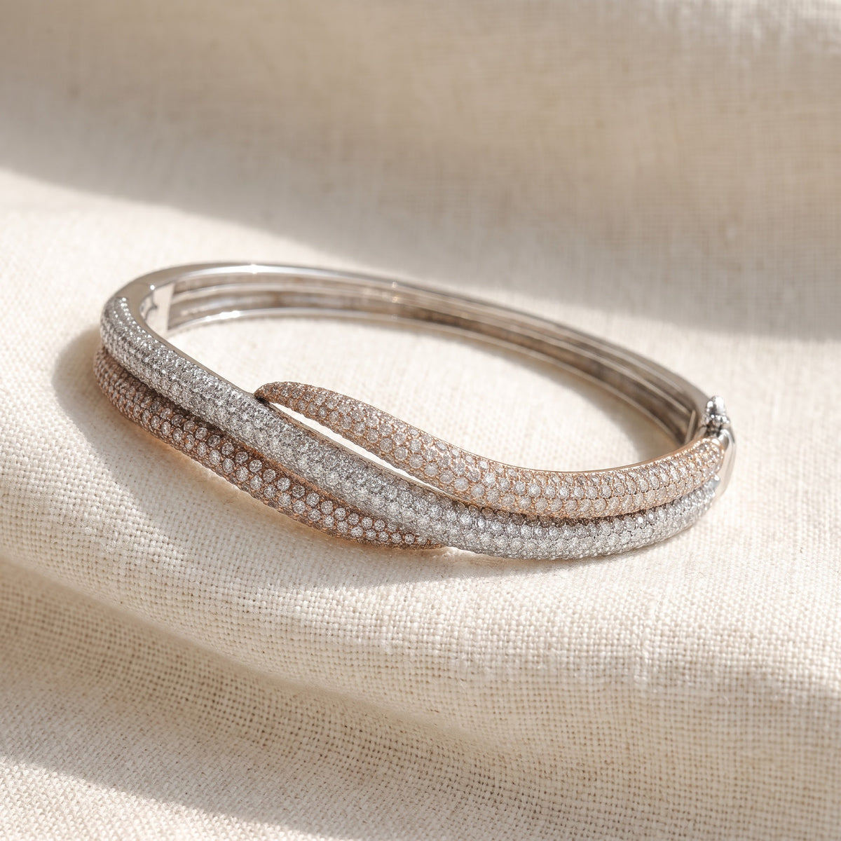 6.40 ct Intertwined Pavé Diamond Bangle in 14K Tri-Color Gold