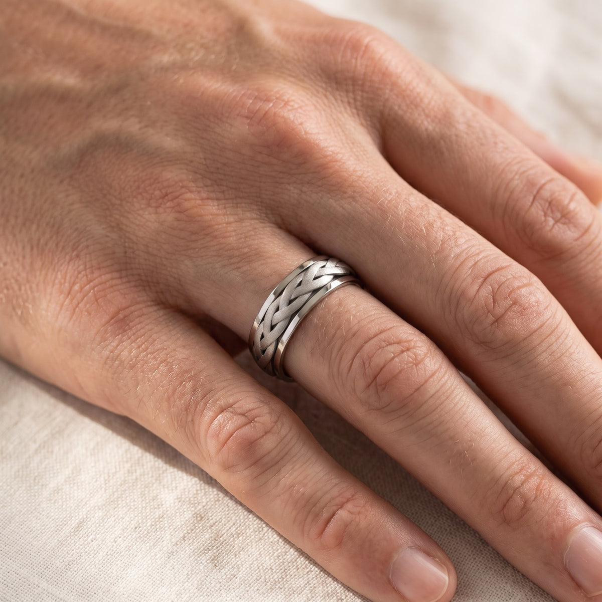 White Gold Matte Braided Band Ring, worn