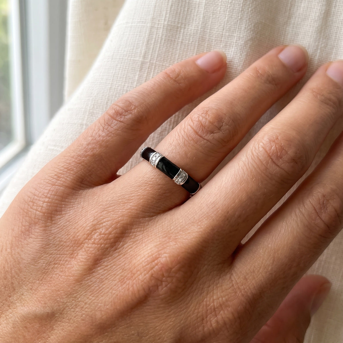 White Gold Onyx Segmented Band Ring, worn