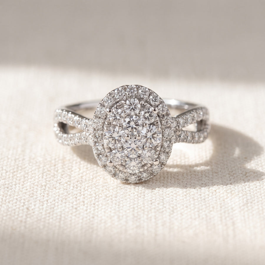 White Gold Oval Diamond Cluster Split Shank Engagement Ring