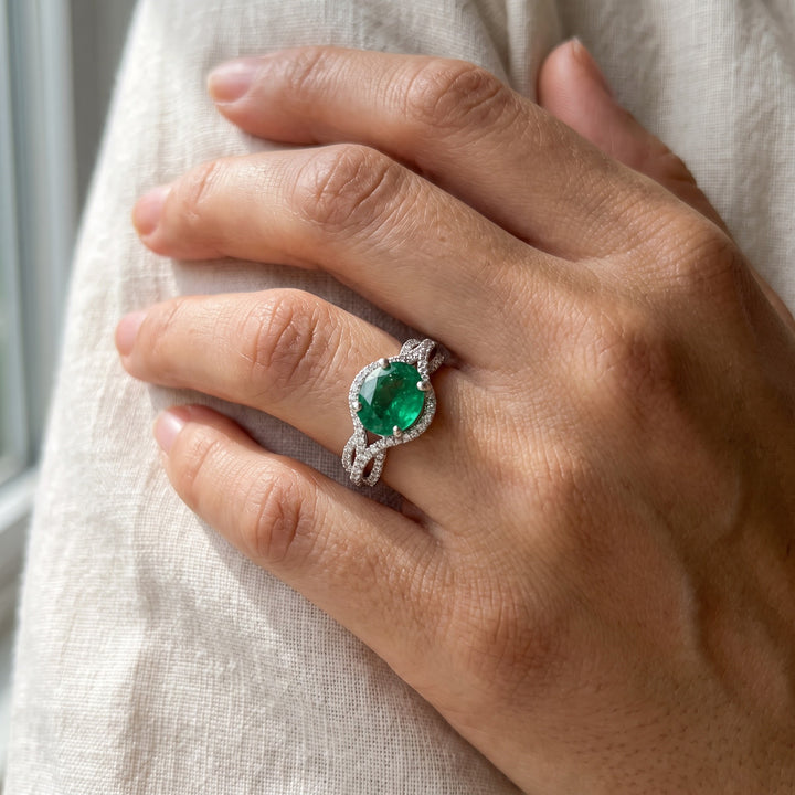 2.95 ct Oval Emerald and Diamond Halo Cocktail Ring in 14K White Gold, worn