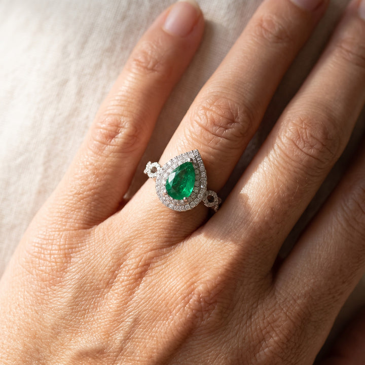 1.23 ct Pear Emerald Cocktail Ring with Diamond Double Halo in 14K White Gold, worn