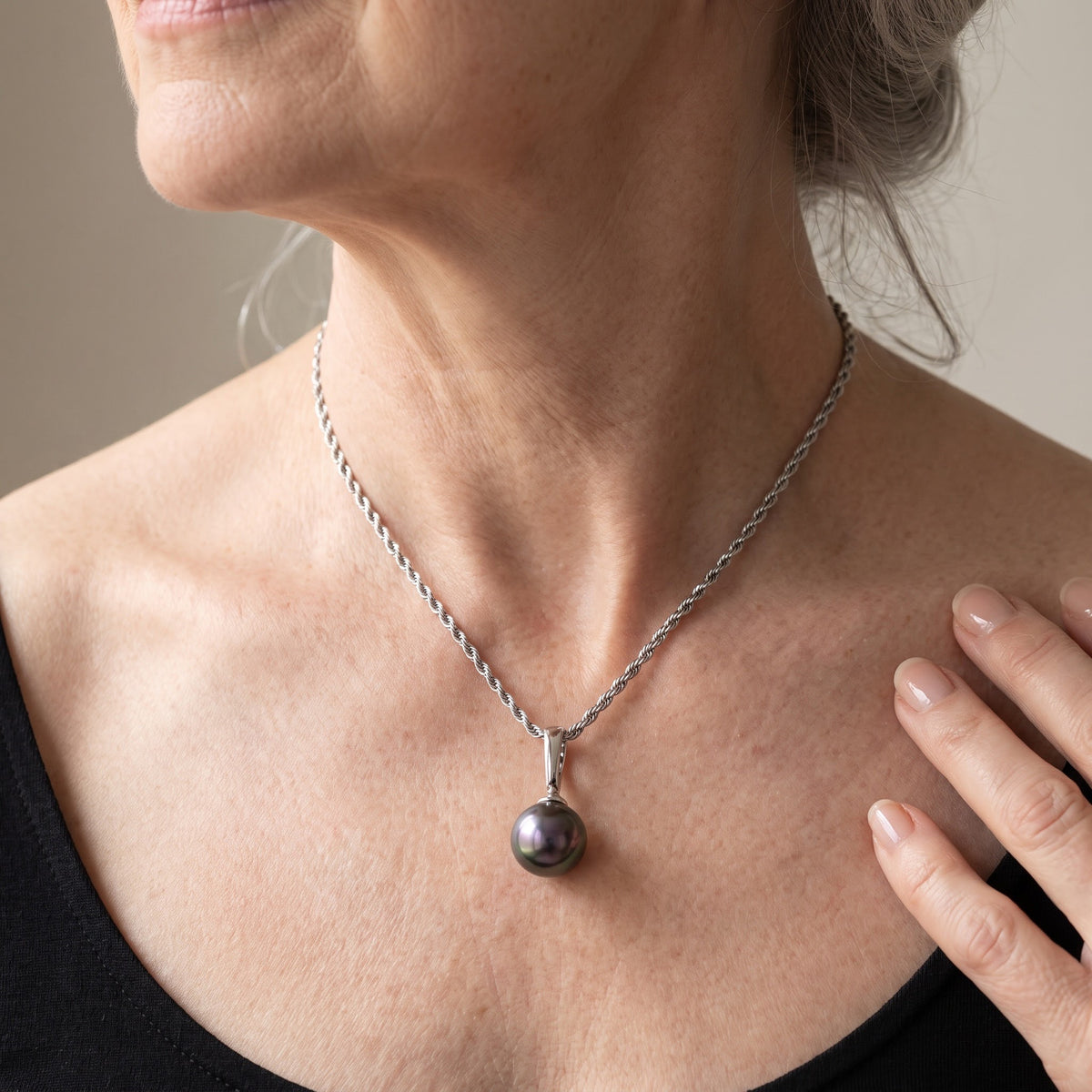 White Gold Pearl Pendant Necklace, worn, second view