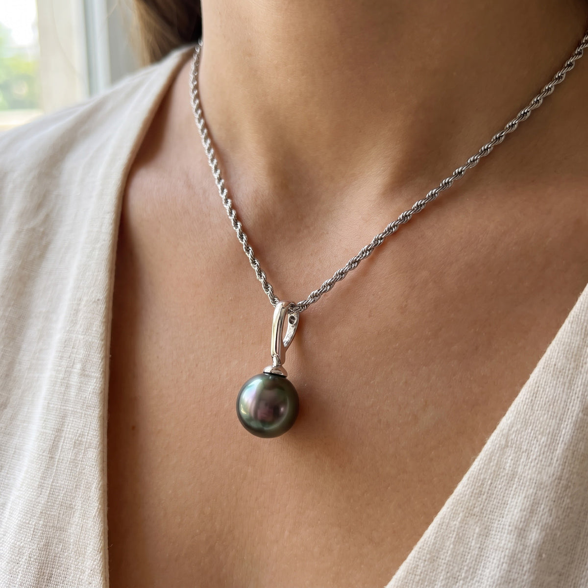 White Gold Pearl Pendant Necklace, worn