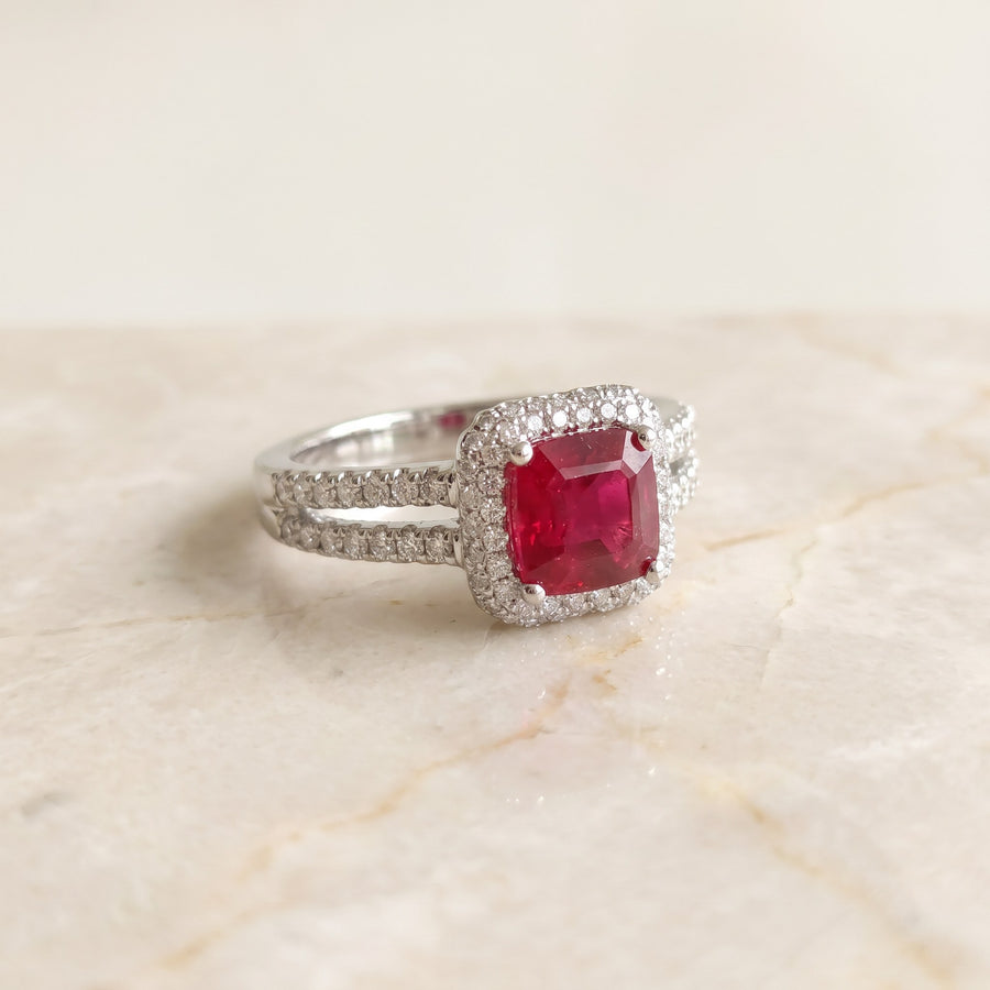 White Gold Red Ruby Halo Ring with Split Shank