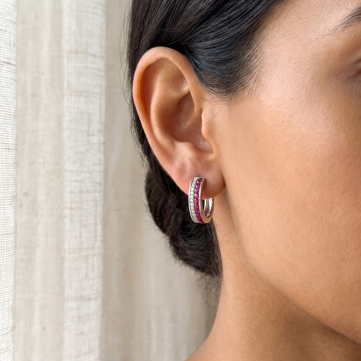 White Gold Red Ruby Hoop Earrings, worn