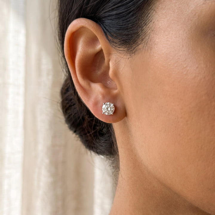 2.03 ct Round Brilliant Cut Diamond Stud Earrings in 14K White Gold, worn