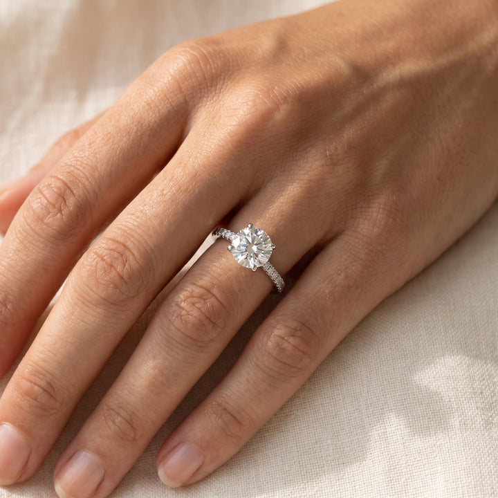 1.01 ct Round Diamond Pavé Engagement Ring in 14K White Gold, worn