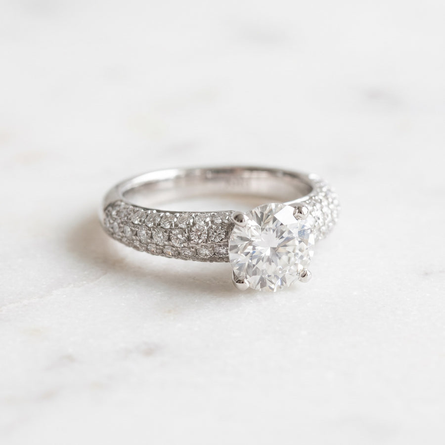 White Gold Round Diamond Ring with Pavé Band