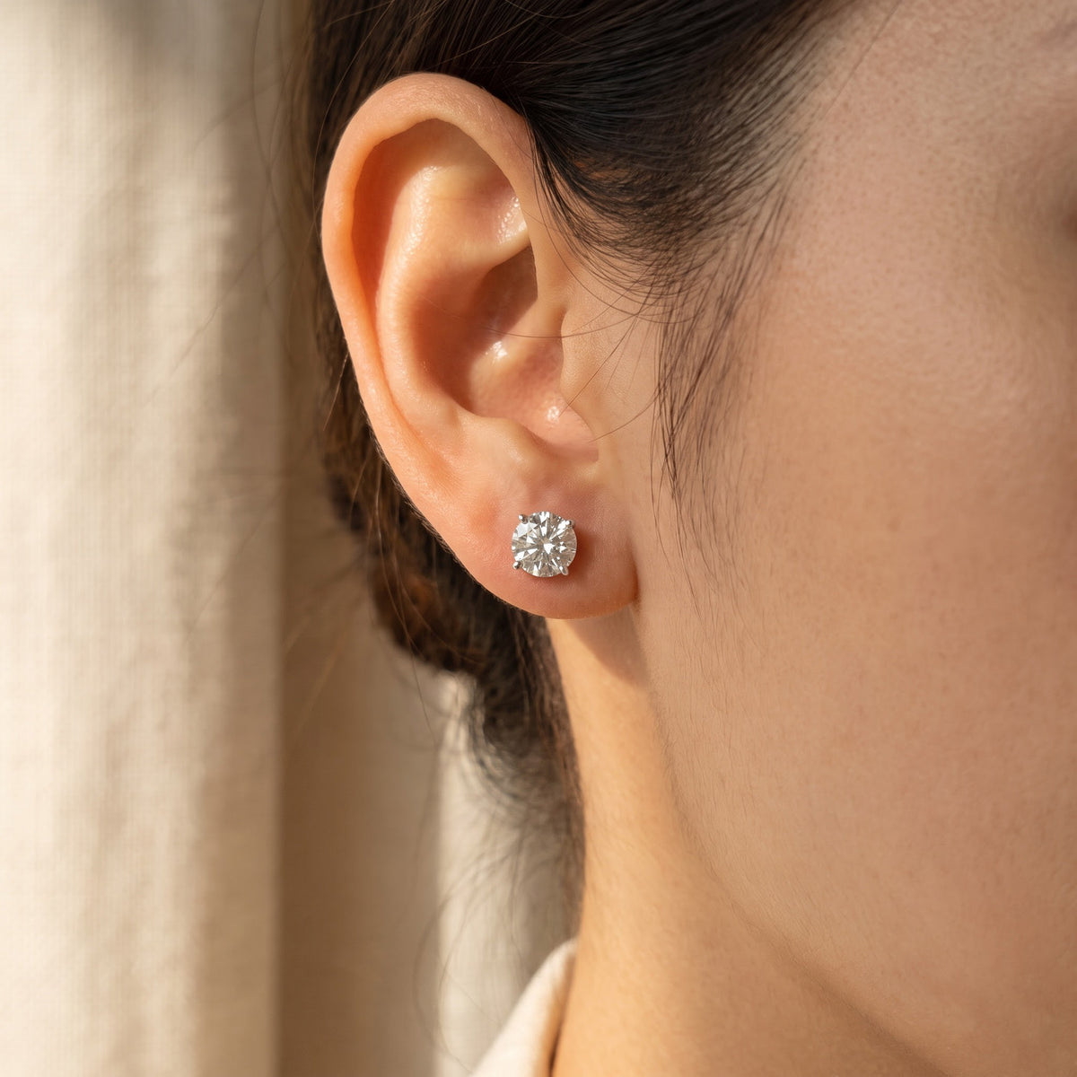 White Gold Round Diamond Stud Earrings, worn