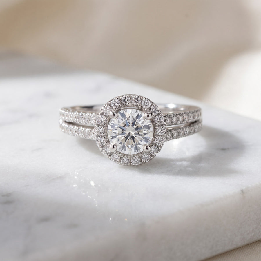 White Gold Round Halo Split Shank Diamond Engagement Ring