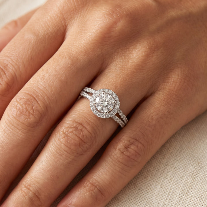 1.35 ct Round Diamond Halo Split Shank Engagement Ring in 14K White Gold, worn