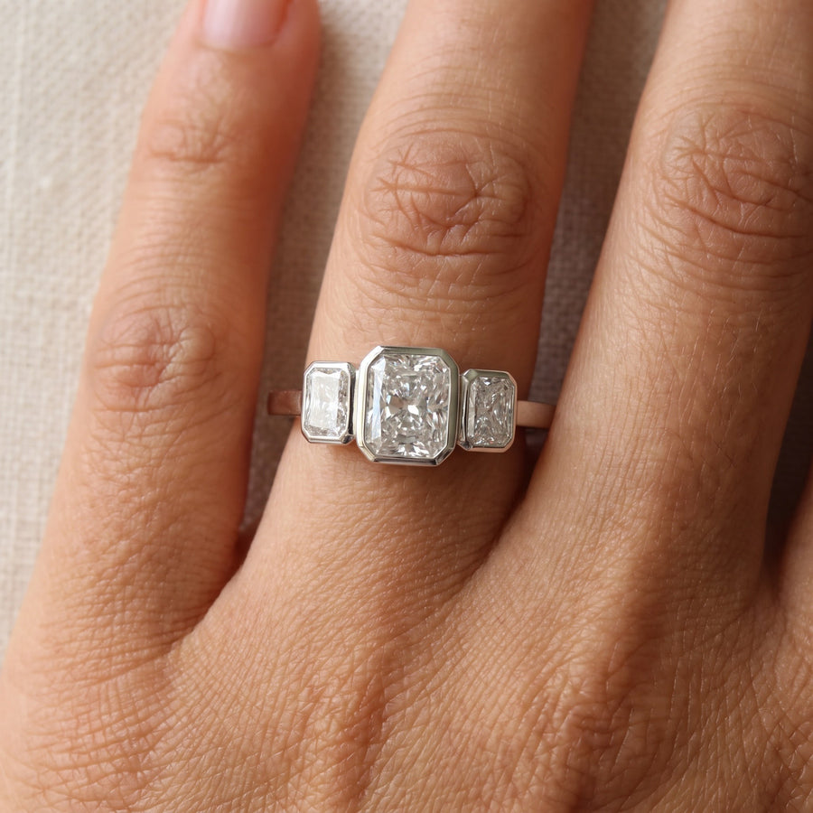 White Gold Three-Stone Bezel Diamond Ring, worn