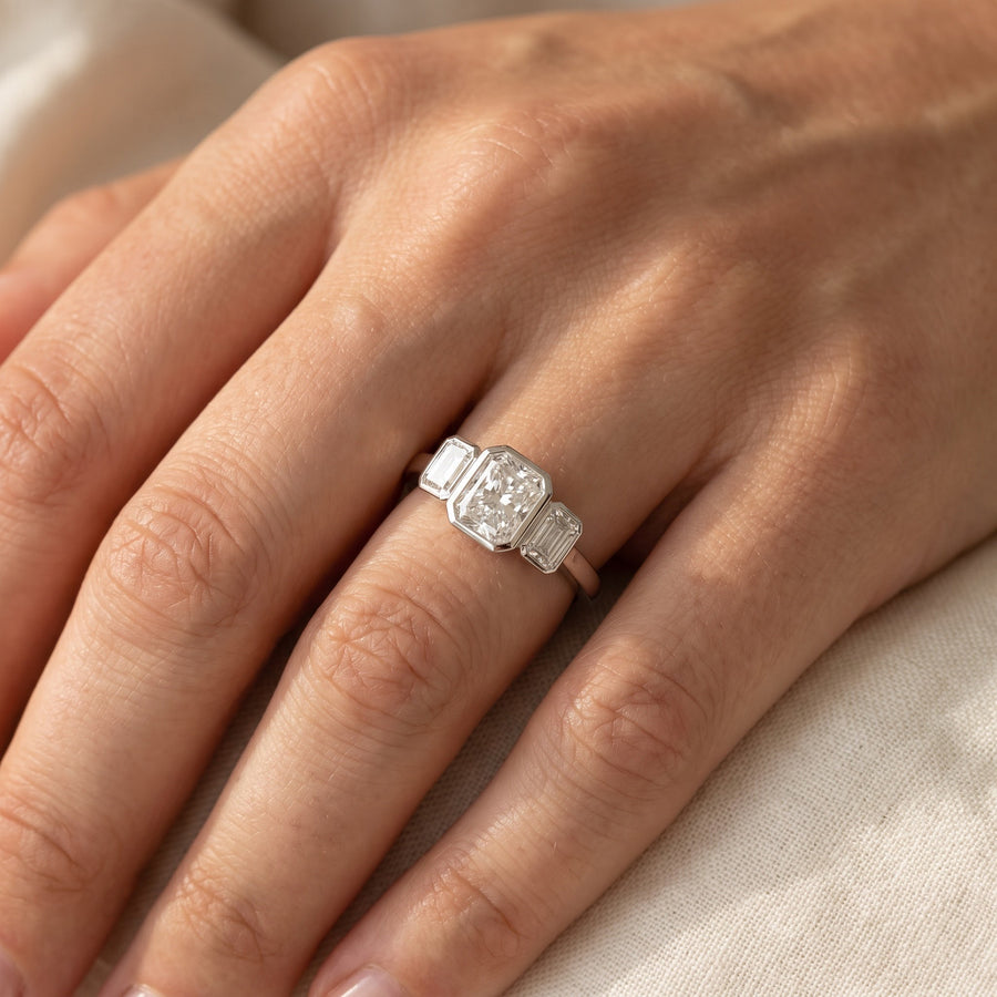 White Gold Three-Stone Bezel Diamond Ring, worn