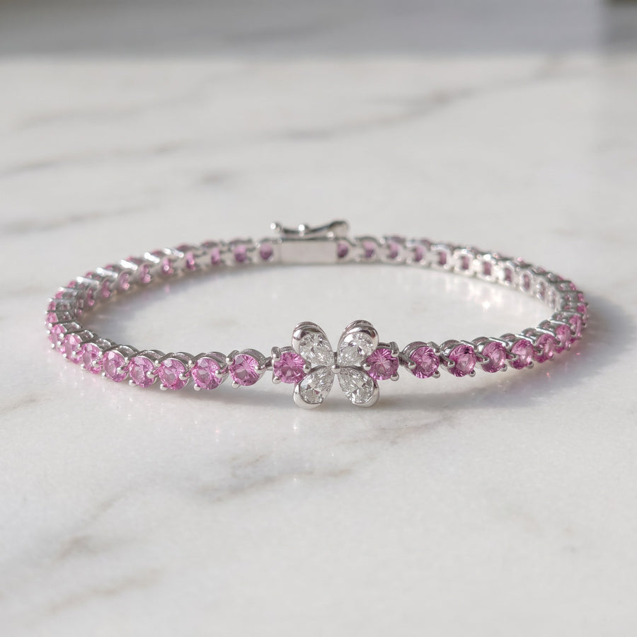 White Gold Vivid Pink Sapphire Floral Tennis Bracelet